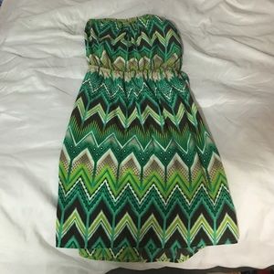 Green strapless tribal open back short dress
