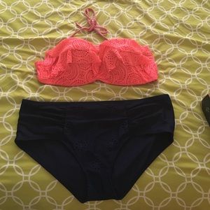 Aerie Coral Top and Navy Bottom Swimsuit