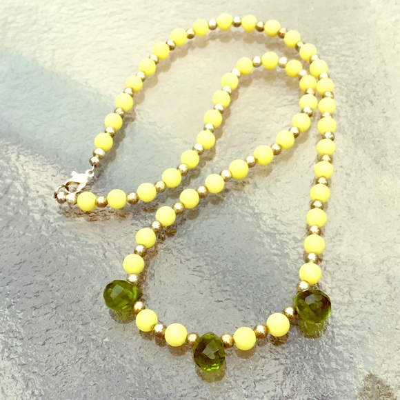 Vintage Yellow Beaded Necklace Green Crystal Drops