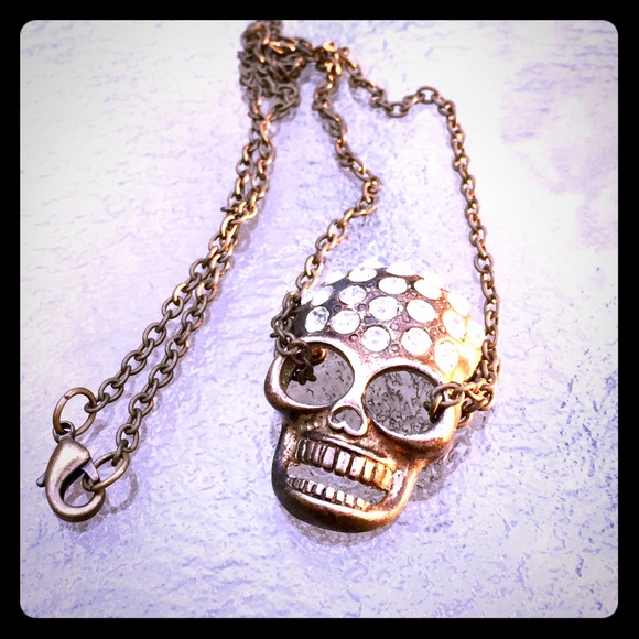 Handmade Vintage Brass & Rhinestone Skull Necklace