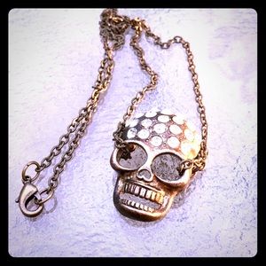 Handmade Vintage Brass & Rhinestone Skull Necklace