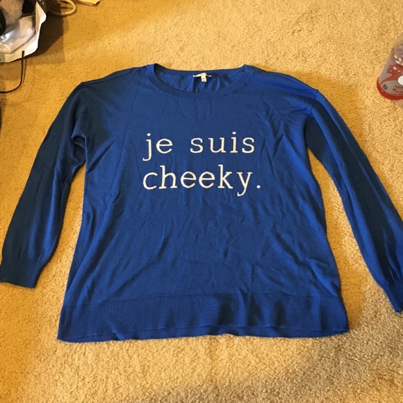 "je suis cheeky." Royal blue sweater