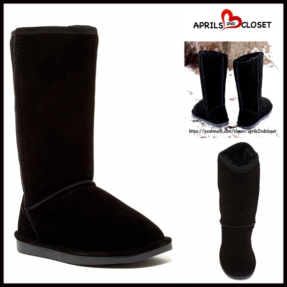 BLACK SUEDE SHEARLING LINED COZY WINTER BOOTS MID CALF COMFY BOOTIES - Picture 7 of 9