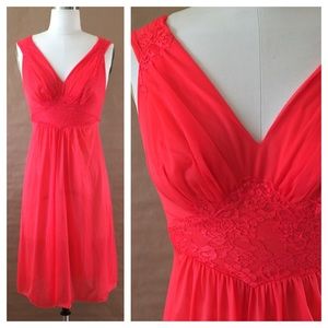 Bright Red Nylon and Lace Vintage Slip