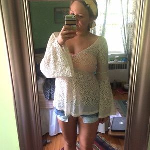 Cream Bell-Sleeve Lace Top