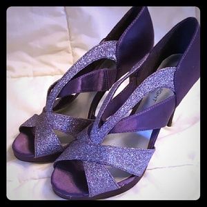 Strappy purple glitter evening heels