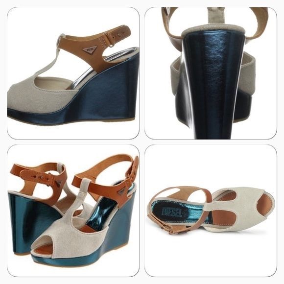 DIESEL Leather & Canvas T Strap Peep-Wedge - Picture 3 of 5