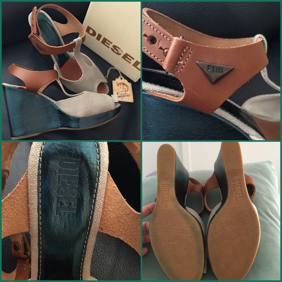 DIESEL Leather & Canvas T Strap Peep-Wedge - Picture 2 of 5