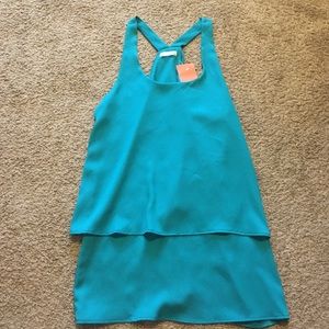Teal/blue silk blouse, double layered on bottom