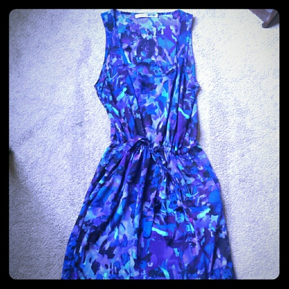 Watercolor drawstring cocktail dress w/ pockets