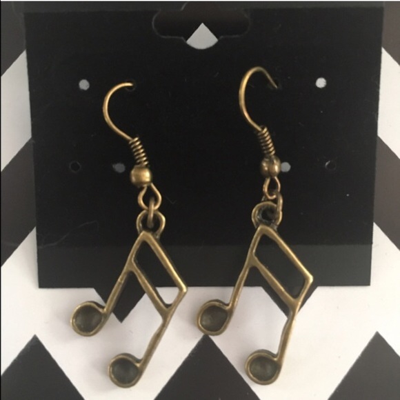 Antique gold bronze music note drop hook earrings - Picture 2 of 3