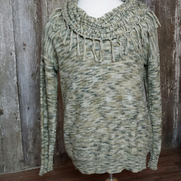 L fringed Cowl neck sweater cable and gauge