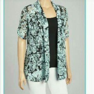 Sheer Aqua & Black Lace Cardi Blouse in EUC