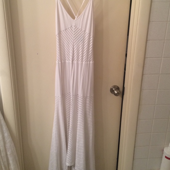 bebe Sheer Stripe Criss Cross Back Maxi Dress