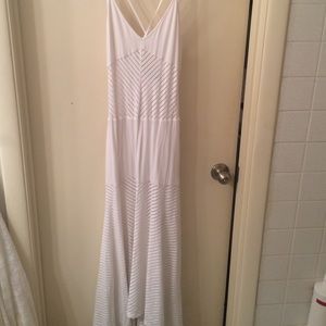 bebe Sheer Stripe Criss Cross Back Maxi Dress