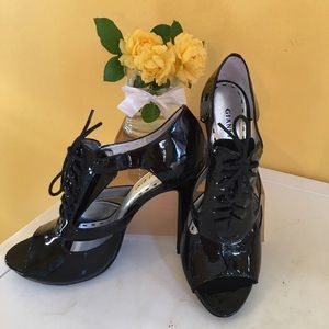 GIANNI BINI EDISON PATENT LEATHER PEEP-TOE HEELS