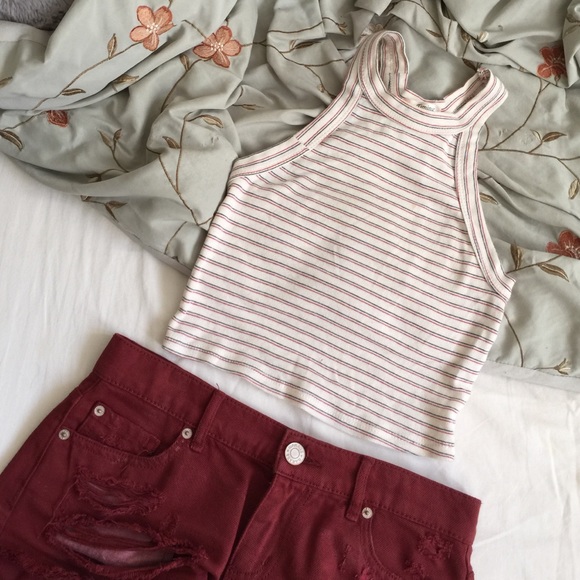 White black and red striped halter crop top