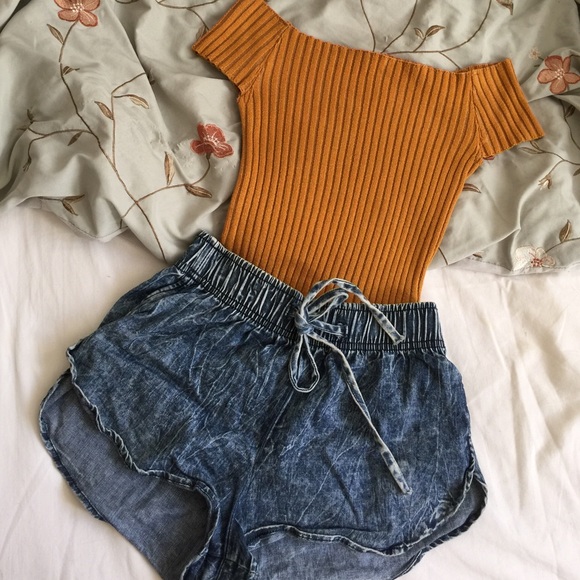 Acid washed faux denim shorts