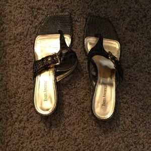 Enzo Angiolini black/gold small heeled sandals.