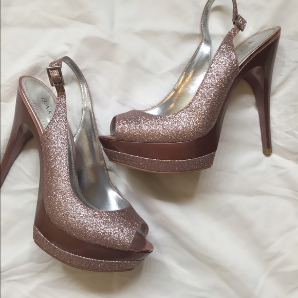 Pink glittered peep toe heels