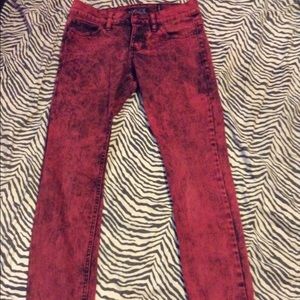 Red acid wash skinny jeans