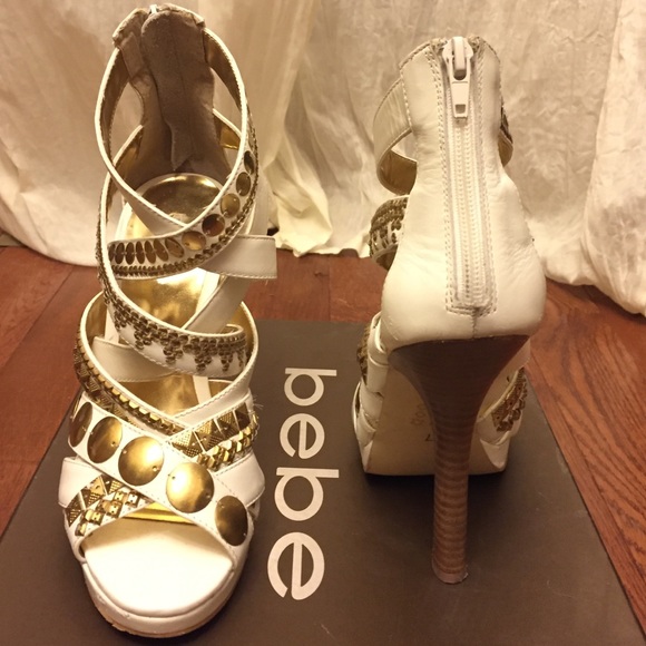 Bebe white and gold wrap around the ankle heels