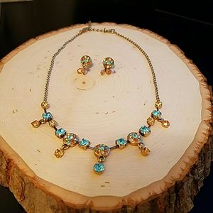 Blue and gold toned necklace & earrings set