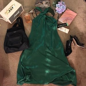 Morgan & Co Emerald Green Sateen Midi Halter Dress
