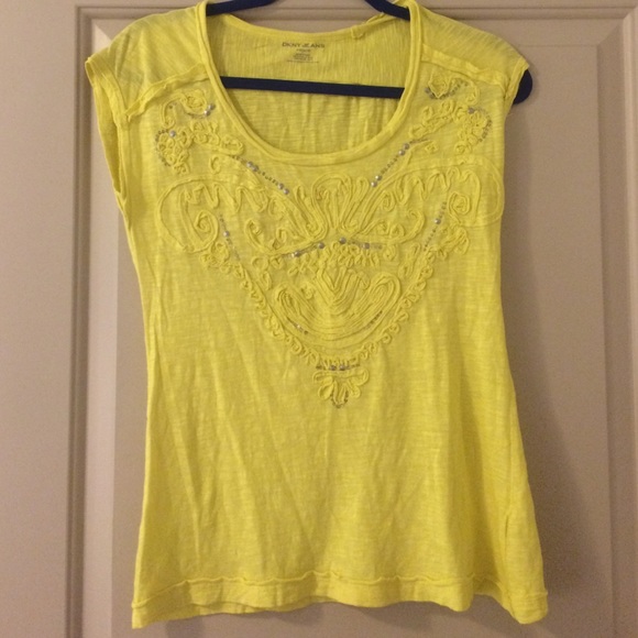 DKNY yellow sequined cotton t-shirt