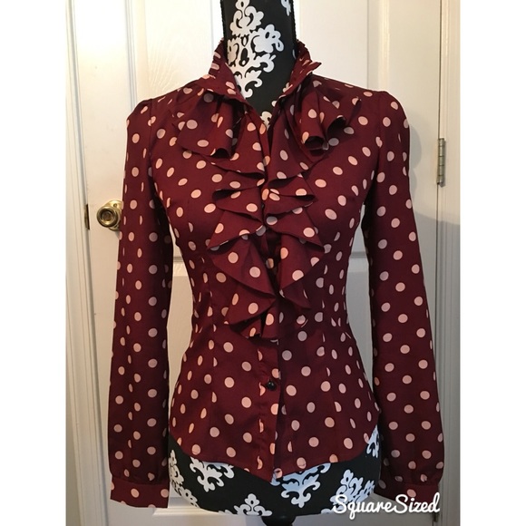 Burgundy polka dot ruffle front blouse