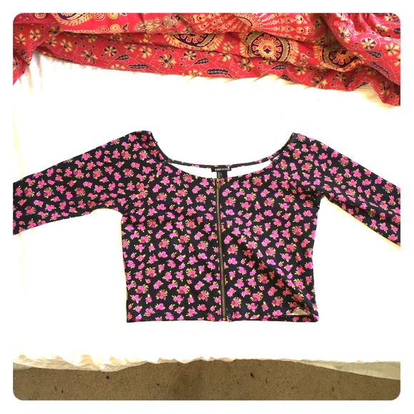 Floral Crop Top ; three quarter length sleeves