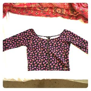 Floral Crop Top ; three quarter length sleeves