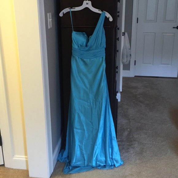 Aqua blue long gown with one shoulder accent