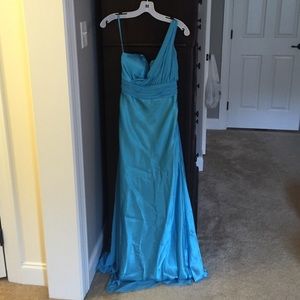Aqua blue long gown with one shoulder accent