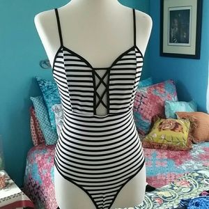 Black Striped one piece body suit
