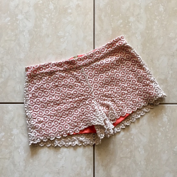 coral crochet lace shorts