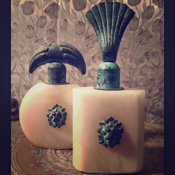 Antique Marble & Copper Vanity Bottles Lions Head