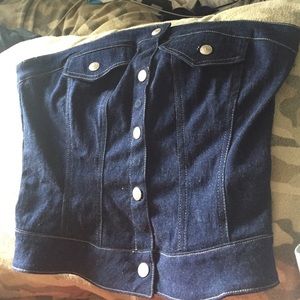 Button up strapless jean shirt
