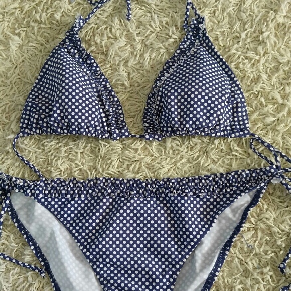 Navy & white bikini top and bottom - Picture 1 of 3