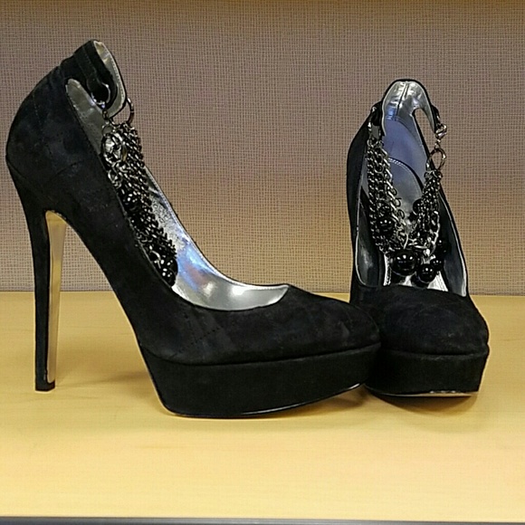 Bebe Honey Platform Pump. Black quilted suede.