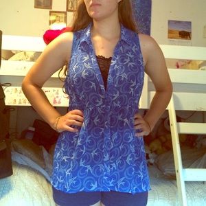 Blue bird lace back sleeveless button up