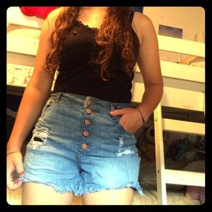 Button up denim shorts with destruction