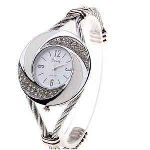 Womens Round Crystal Decorated Bangle Cuff Analog