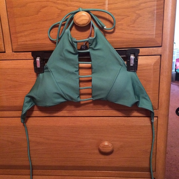 Strappy, caged, halter bikini top. Teal/army green