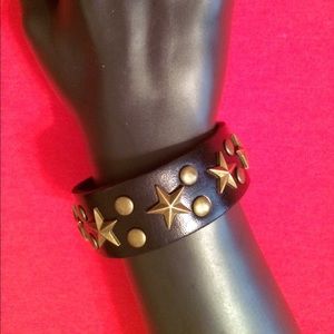 Leather Bracelet Black with Gold Stars and Studs
