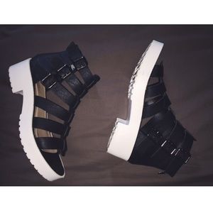 black & white platform gladiator sandals