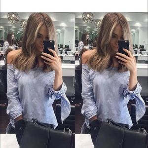 white and blue strip  shoulder off long sleeve