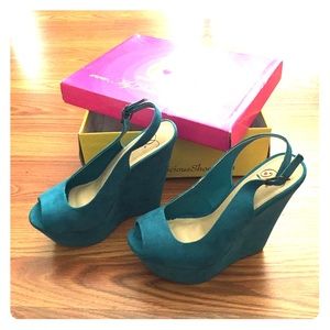 My Delicious - Dark Teal Suede Slingback Wedges