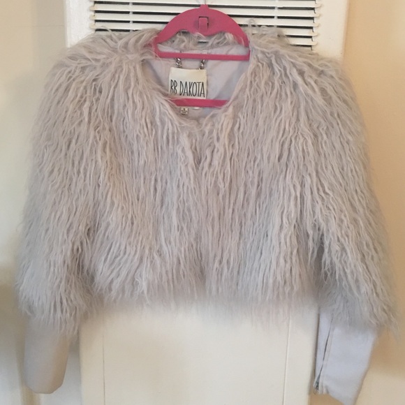 BB Dakota cropped faux Mongolian Lamb jacket.