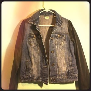 Denim jacket with leather sleeves